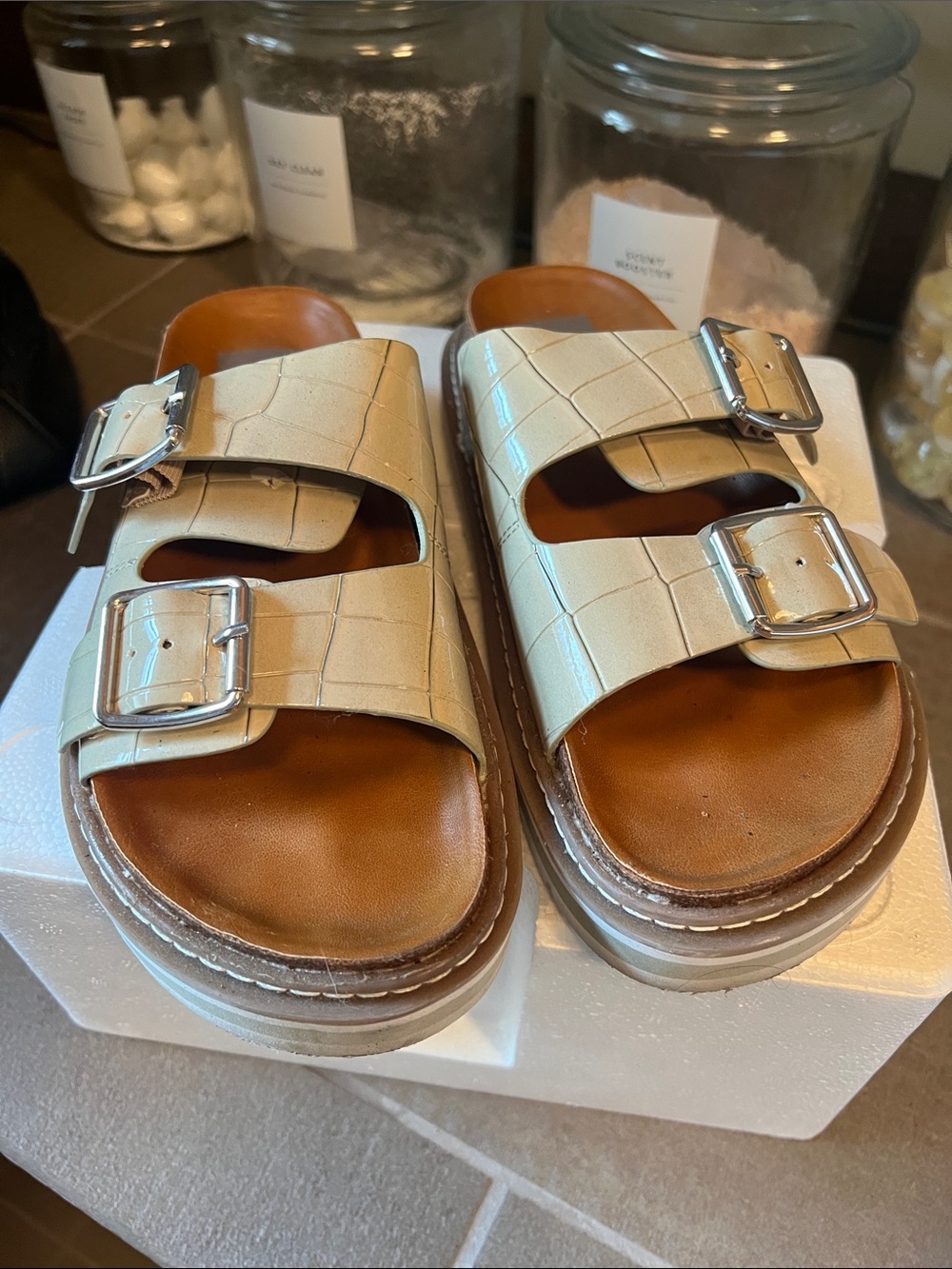 DV by Dolce Vita Cream Croc-Embossed Double-Buckle Slide Sandals